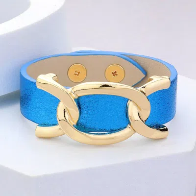 Fashnzfab Faux Sparkle Leather Metal Link Accented Snap Bracelet Blue, Gold