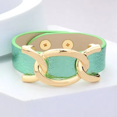 Fashnzfab Faux Sparkle Leather Metal Link Accented Snap Bracelet Gold, Green In Multi