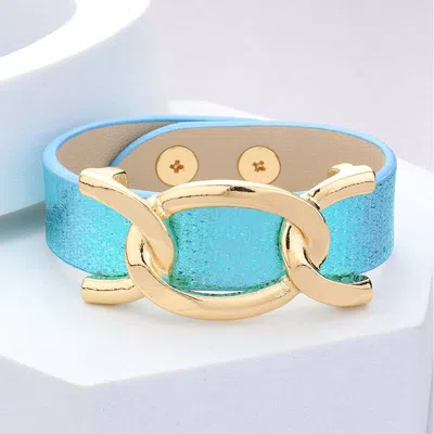 Fashnzfab Faux Sparkle Leather Metal Link Accented Snap Bracelet Gold, Turquoise In Multi