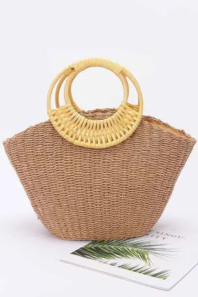 Fashnzfab Faux Straw Bamboo Handle Tote Bag In Beige