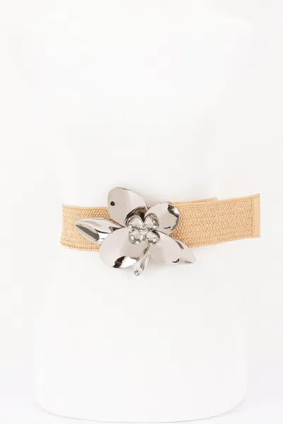 Fashnzfab Faux Straw Big Flower Metal Buckle Elastic Belt In Multi