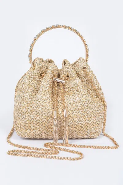 Fashnzfab Faux Straw Bucket Bag W/stone Handle In White