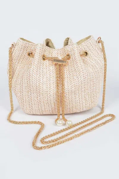 Fashnzfab Faux Straw Bucket Crossbody Bag In White