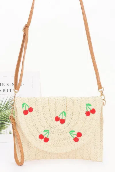 Fashnzfab Faux Straw Cherry Clutch In Beige