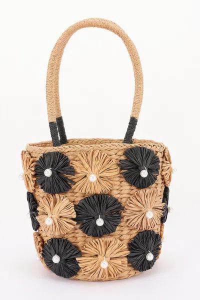 Fashnzfab Faux Straw Flower Barrel Clutch In Black
