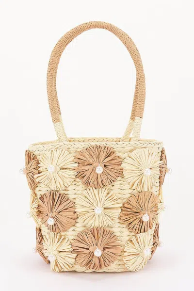 Fashnzfab Faux Straw Flower Barrel Clutch In Green