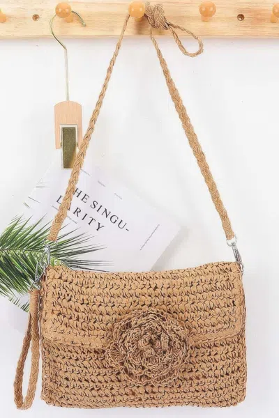 Fashnzfab Faux Straw Handmade Flower Flap Clutch In Beige