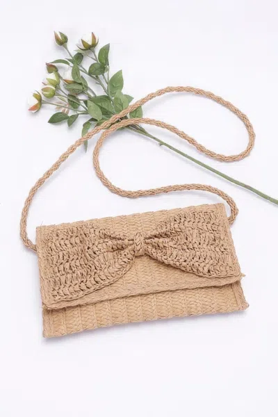 Fashnzfab Faux Straw Handmade Ribbon Flap Clutch In Beige