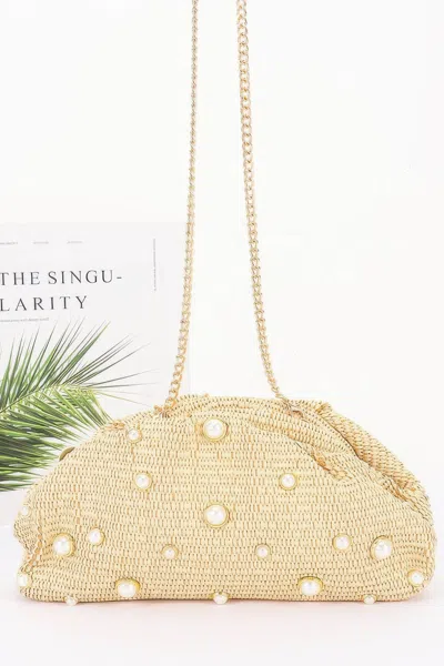 Fashnzfab Faux Straw Pearl Clutch In Beige