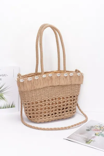 Fashnzfab Faux Straw Shell Tote Bag In Green