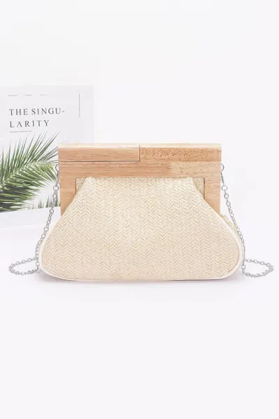 Fashnzfab Faux Straw Wood Frame Clutch In Beige