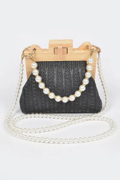 Fashnzfab Faux Straw Wood Frame Clutch W/ Faux Pearl Chain In Grey