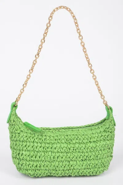 Fashnzfab Faux Straw Zip Chain Shoulder Clutch In Green