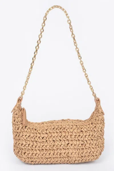 Fashnzfab Faux Straw Zip Chain Shoulder Clutch In Neutral