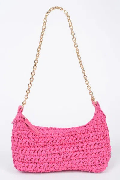 Fashnzfab Faux Straw Zip Chain Shoulder Clutch In Pink