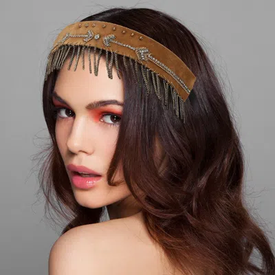 Fashnzfab Faux Suede Arrow Pattern Beaded Metal Fringe Chain Drop Stretch Headband In Gold