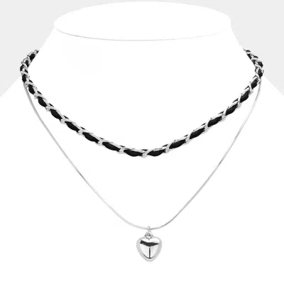 Fashnzfab Faux Suede Double Layered Metal Heart Pendant Necklace In Silver