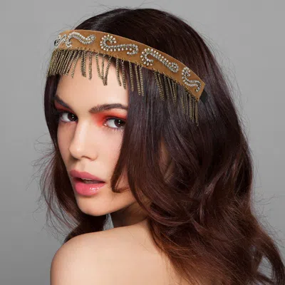 Fashnzfab Faux Suede Fringe Swirl Pattern Beaded Stretch Headband In Gold