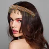 Fashnzfab Faux Suede Fringe Swirl Pattern Beaded Stretch Headband In Multi
