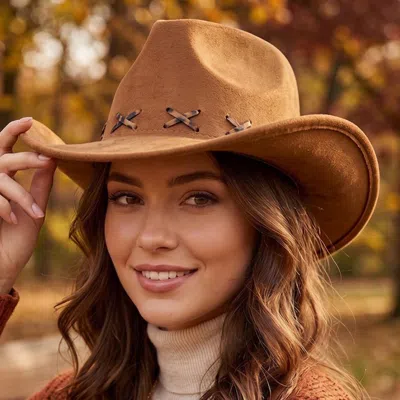Fashnzfab Faux Suede Leopard Stitching Western Cowboy Hat In Brown