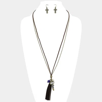 Fashnzfab Faux Suede Tassel & Cross Key Charm Long Necklace In Multi