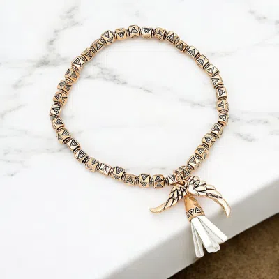 Fashnzfab Faux Suede Tassel & Wing Charm Aztec Metal Bead Stretch Bracelet In Multi