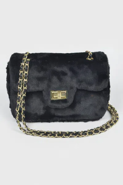 Fashnzfab Faux Wool Flap Shoulder Bag In Black