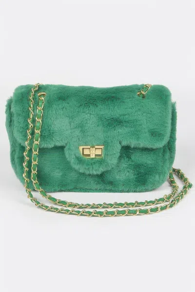 Fashnzfab Faux Wool Flap Shoulder Bag In Green