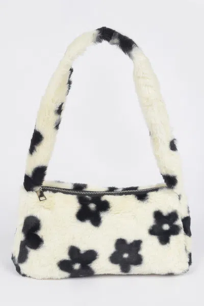 Fashnzfab Faux Wool Flower Print Shoulder Bag In Purple