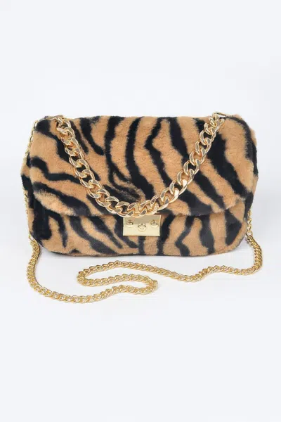 Fashnzfab Faux Zebra Fur Shoulder Bag In Brown
