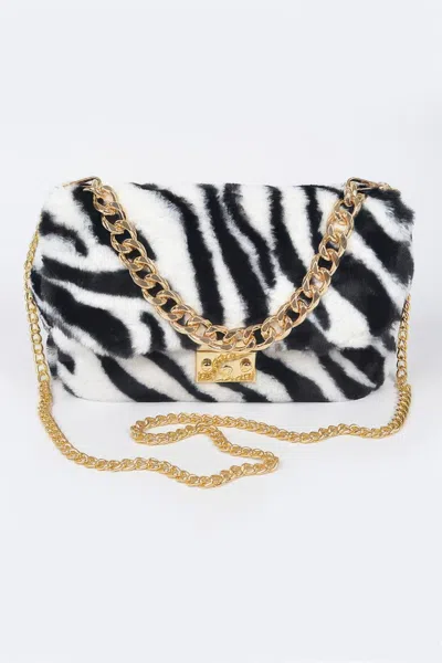 Fashnzfab Faux Zebra Fur Shoulder Bag In White
