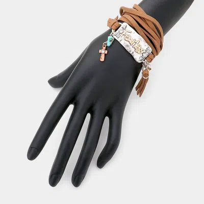 Fashnzfab Fearless Hammered Arrow & Cross Suede Tassel Bracelet Brown, Clear, Copper Burnished, Gold Burnished