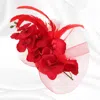 Fashnzfab Feather Accent Mesh Floral Fascinator Hair Clip Headband In Red