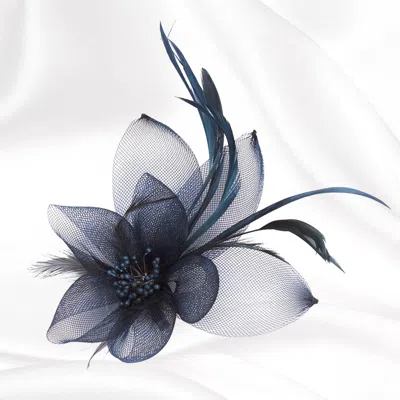 Fashnzfab Feather & Mesh Flower Hair Pinch Clip / Brooch 4" X 6" L In Blue