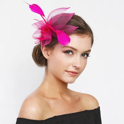 Fashnzfab Feather & Mesh Flower Hair Pinch Clip / Brooch 4" X 6" L In Pink