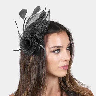 Fashnzfab Feather & Mesh Flower Hair Pinch Clip / Brooch In Black