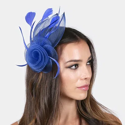 Fashnzfab Feather & Mesh Flower Hair Pinch Clip / Brooch In Blue