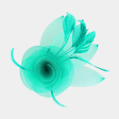Fashnzfab Feather & Mesh Flower Hair Pinch Clip / Brooch In Green