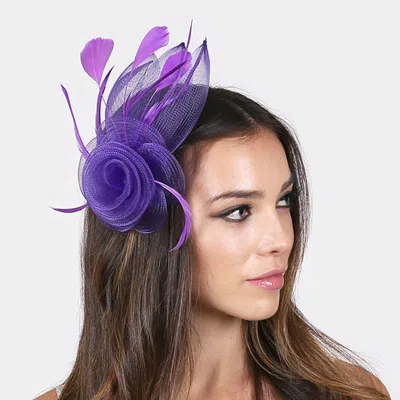 Fashnzfab Feather & Mesh Flower Hair Pinch Clip / Brooch In Purple