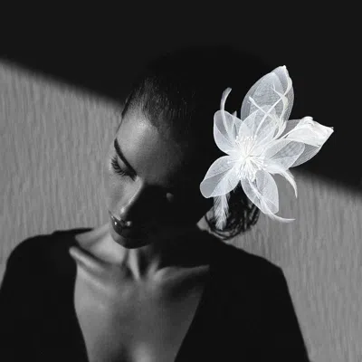 Fashnzfab Feather & Mesh Flower Hair Pinch Clip / Brooch In Silver