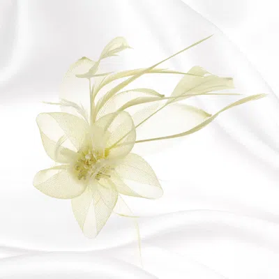 Fashnzfab Feather & Mesh Flower Hair Pinch Clip / Brooch In White