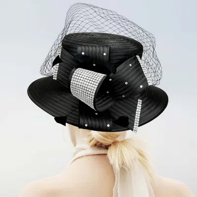 Fashnzfab Feather Crystal Detail Bow Mesh Metallic Satin Dressy Hat In Black