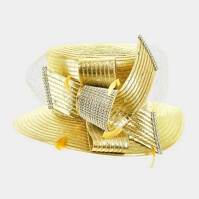 Fashnzfab Feather Crystal Detail Bow Mesh Metallic Satin Dressy Hat In Gold