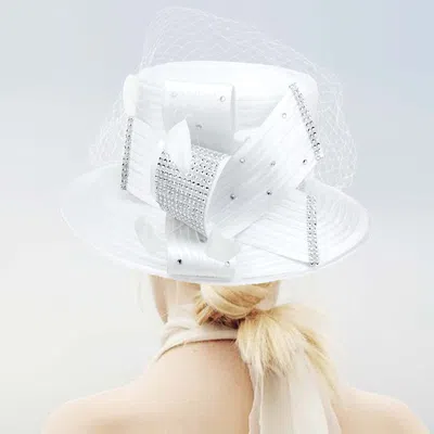 Fashnzfab Feather Crystal Detail Bow Mesh Metallic Satin Dressy Hat In White