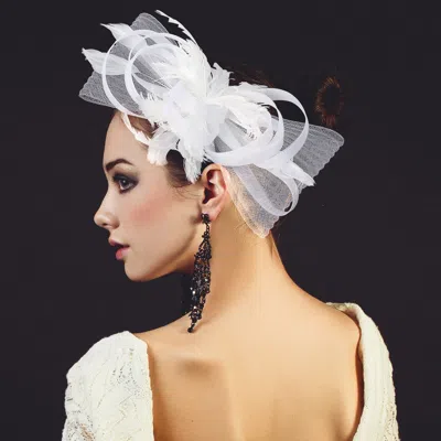 Fashnzfab Feather Embellished Mesh Bow Fascinator / Headband In White