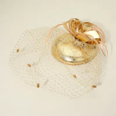 Fashnzfab Feather Mesh Bow Fascinator / Headband - Gold