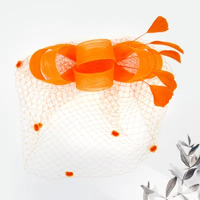 Fashnzfab Feather Mesh Bow Fascinator / Headband In Orange