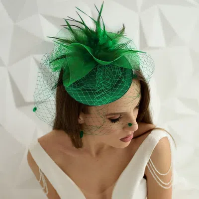 Fashnzfab Feather Mesh Fascinator / Headband In Green