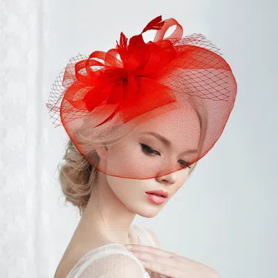 Fashnzfab Feather Mesh Fascinator Headband In Red