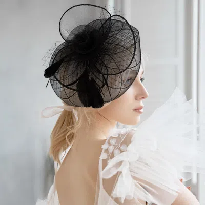 Fashnzfab Feather Mesh Flower Fascinator / Headband In Black